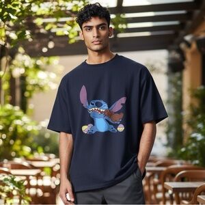 Navy Blue Graphic Tee with Fun Character Design- Stitch Easter Shirt